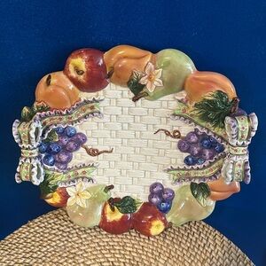 Vintage French Serving Platter Canapé Hand Painted Fruit Bow Basketweave Platter